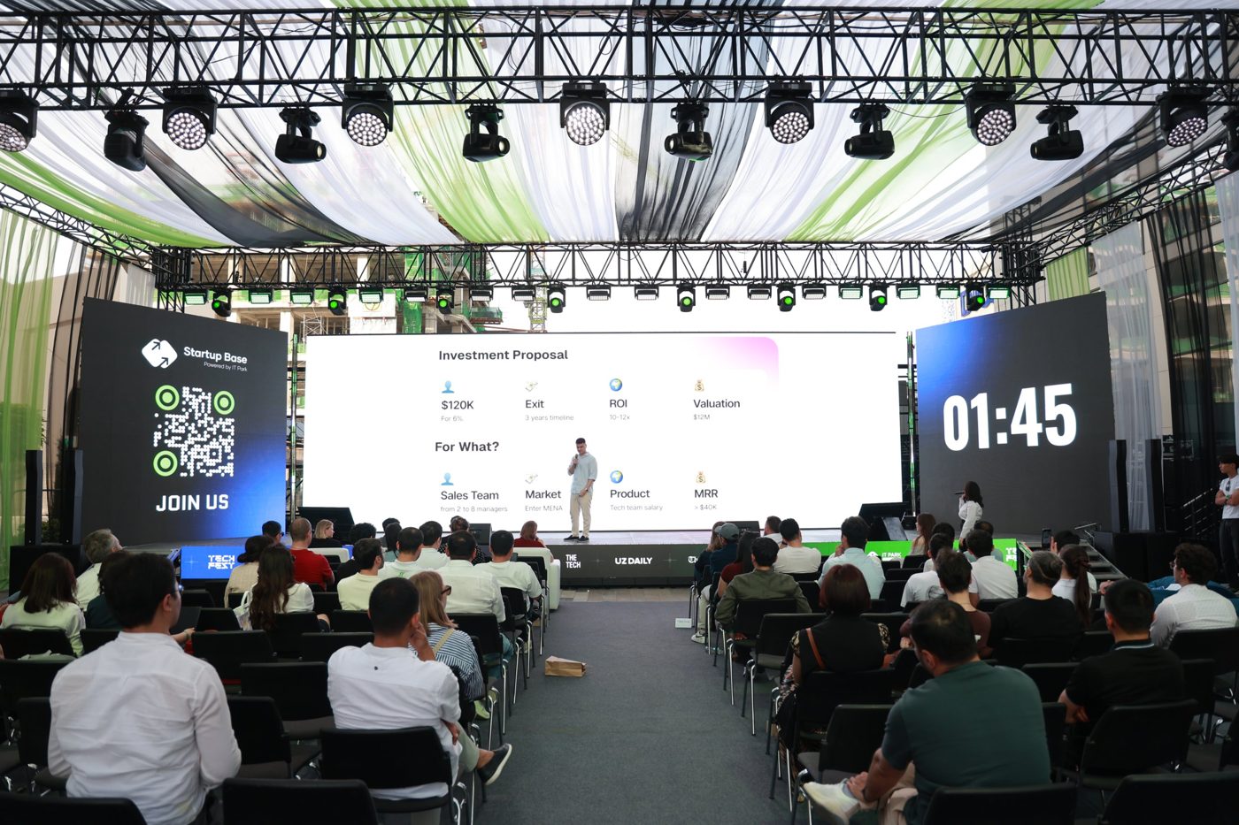 Startup pitch on the main stage at GTW Tashkent 2026